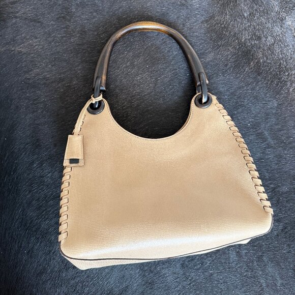 Gucci Whipstitch Wood Handle Leather Shoulder Bag Tan - Picture 1 of 11